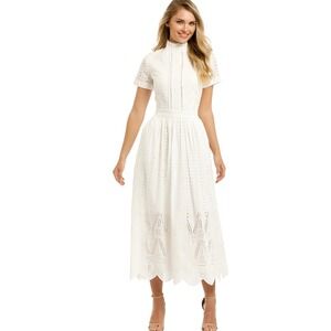 We Are Kindred White Eyelet Lace‎ Mock Neck Midi Dress Size US 6